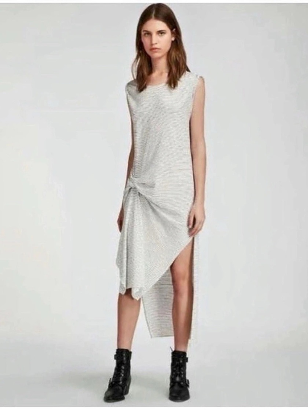 AllSaints Riviera Stripe White Black Knot Detail Asymmetric Tank Dress Sz S